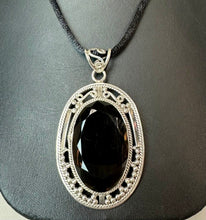 Load image into Gallery viewer, Sterling Smoky Quartz 2.75" Pendant on Black Satin Cord Necklace
