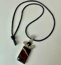 Load image into Gallery viewer, Sterling Botswana Agate Onyx Mother of Pearl 2.75" Pendant on Black Satin Cord Necklace
