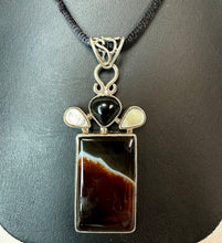 Load image into Gallery viewer, Sterling Botswana Agate Onyx Mother of Pearl 2.75" Pendant on Black Satin Cord Necklace
