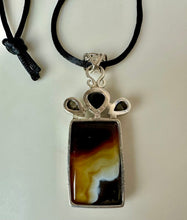 Load image into Gallery viewer, Sterling Botswana Agate Onyx Mother of Pearl 2.75" Pendant on Black Satin Cord Necklace
