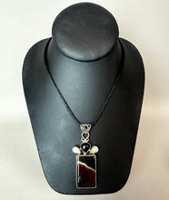 Load image into Gallery viewer, Sterling Botswana Agate Onyx Mother of Pearl 2.75" Pendant on Black Satin Cord Necklace
