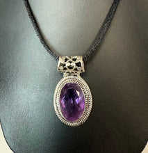 Load image into Gallery viewer, Sterling Amethyst 2" Slide Pendant on Black Satin Cord Necklace
