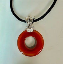 Load image into Gallery viewer, Sterling Carnelian 1.75" Ring Pendant on Black Satin Cord Necklace
