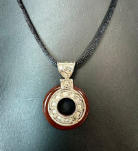 Load image into Gallery viewer, Sterling Carnelian 1.75" Ring Pendant on Black Satin Cord Necklace
