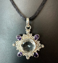 Load image into Gallery viewer, Sterling White Topaz Amethyst 2" Pendant on Black Satin Cord Necklace
