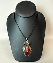 Load image into Gallery viewer, Sterling Baltic Amber Onyx Peridot 2.5" Pendant on Black Satin Cord Necklace
