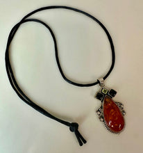 Load image into Gallery viewer, Sterling Baltic Amber Onyx Peridot 2.5" Pendant on Black Satin Cord Necklace
