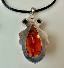 Load image into Gallery viewer, Sterling Baltic Amber Onyx Peridot 2.5" Pendant on Black Satin Cord Necklace
