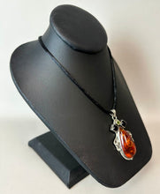 Load image into Gallery viewer, Sterling Baltic Amber Onyx Peridot 2.5" Pendant on Black Satin Cord Necklace
