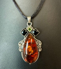 Load image into Gallery viewer, Sterling Baltic Amber Onyx Peridot 2.5" Pendant on Black Satin Cord Necklace
