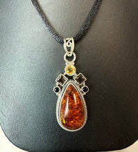 Load image into Gallery viewer, Sterling Baltic Amber Citrine Smoky Quartz Onyx 2.25" Pendant on Black Satin Cord Necklace
