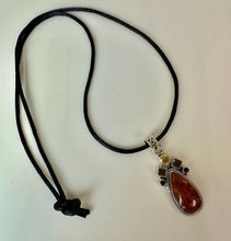 Load image into Gallery viewer, Sterling Baltic Amber Citrine Smoky Quartz Onyx 2.25" Pendant on Black Satin Cord Necklace
