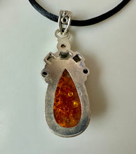 Load image into Gallery viewer, Sterling Baltic Amber Citrine Smoky Quartz Onyx 2.25" Pendant on Black Satin Cord Necklace
