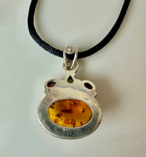 Load image into Gallery viewer, Sterling Baltic Amber Garnet Peridot 1.75" Pendant on Black Satin Cord Necklace
