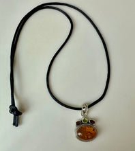 Load image into Gallery viewer, Sterling Baltic Amber Garnet Peridot 1.75" Pendant on Black Satin Cord Necklace
