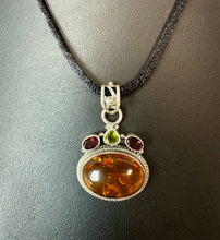 Load image into Gallery viewer, Sterling Baltic Amber Garnet Peridot 1.75" Pendant on Black Satin Cord Necklace
