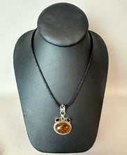 Load image into Gallery viewer, Sterling Baltic Amber Garnet Peridot 1.75" Pendant on Black Satin Cord Necklace
