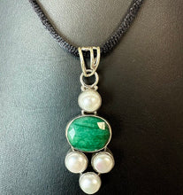Load image into Gallery viewer, Sterling Natural Emerald Freshwater Pearl 2.25" Black Satin Cord Necklace
