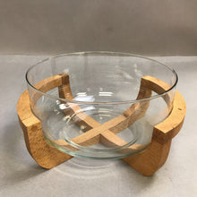 Load image into Gallery viewer, Mid Century Modern Salad Serving Glass Bowl Teak Wood Cradle Stand Rack Base (6x9.5)
