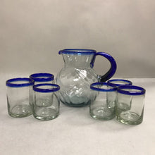Load image into Gallery viewer, Cobalt Blue Rim Mexican Hand Blown Glass Set of 6 Glasses &amp; Pitcher (8")
