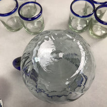 Load image into Gallery viewer, Cobalt Blue Rim Mexican Hand Blown Glass Set of 6 Glasses &amp; Pitcher (8")
