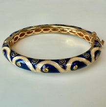Load image into Gallery viewer, Lauren G Adams Navy Blue &amp; Pearl Enamel CZ 18K Gold Plated Tear Drop Bangle Bracelet (7" Circumference)
