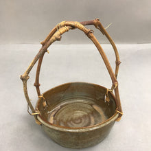 Load image into Gallery viewer, Glazed Pottery Basket with Bamboo Handles Signed (11")
