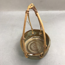 Load image into Gallery viewer, Glazed Pottery Basket with Bamboo Handles Signed (11")
