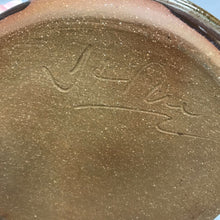 Load image into Gallery viewer, Glazed Pottery Basket with Bamboo Handles Signed (11")
