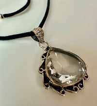 Load image into Gallery viewer, Sterling White Topaz Teardrop Pendant on 20" Black Suede Cord Necklace
