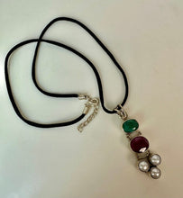 Load image into Gallery viewer, Sterling Natural Emerald Ruby Freshwater Pearl Pendant on 21" Black Suede Cord Necklace
