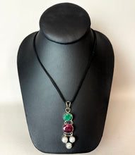 Load image into Gallery viewer, Sterling Natural Emerald Ruby Freshwater Pearl Pendant on 21" Black Suede Cord Necklace

