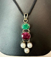 Load image into Gallery viewer, Sterling Natural Emerald Ruby Freshwater Pearl Pendant on 21" Black Suede Cord Necklace
