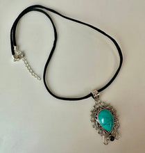 Load image into Gallery viewer, Sterling Turquoise Garnet Filigree 2.25" Pendant on 22" Black Suede Cord Necklace
