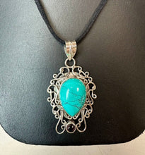 Load image into Gallery viewer, Sterling Turquoise Garnet Filigree 2.25" Pendant on 22" Black Suede Cord Necklace

