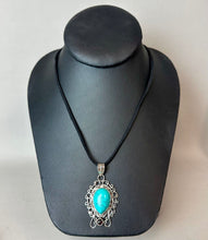 Load image into Gallery viewer, Sterling Turquoise Garnet Filigree 2.25" Pendant on 22" Black Suede Cord Necklace
