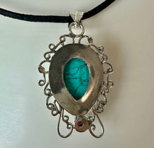 Load image into Gallery viewer, Sterling Turquoise Garnet Filigree 2.25" Pendant on 22" Black Suede Cord Necklace
