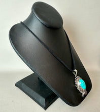 Load image into Gallery viewer, Sterling Turquoise Garnet Filigree 2.25" Pendant on 22" Black Suede Cord Necklace
