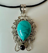 Load image into Gallery viewer, Sterling Turquoise Garnet Filigree 2.25" Pendant on 22" Black Suede Cord Necklace
