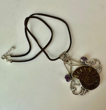 Load image into Gallery viewer, Sterling Ammonite Fossil Amethyst 2.75" Statement Pendant on 20" Brown Suede Cord Necklace
