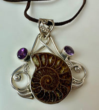 Load image into Gallery viewer, Sterling Ammonite Fossil Amethyst 2.75" Statement Pendant on 20" Brown Suede Cord Necklace
