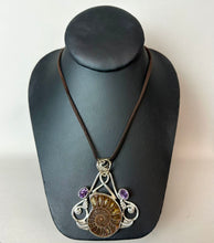 Load image into Gallery viewer, Sterling Ammonite Fossil Amethyst 2.75" Statement Pendant on 20" Brown Suede Cord Necklace
