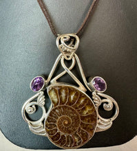 Load image into Gallery viewer, Sterling Ammonite Fossil Amethyst 2.75" Statement Pendant on 20" Brown Suede Cord Necklace

