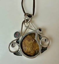 Load image into Gallery viewer, Sterling Ammonite Fossil Amethyst 2.75" Statement Pendant on 20" Brown Suede Cord Necklace
