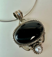 Load image into Gallery viewer, Sterling Onyx Freshwater Pearl 1.75" Pendant on 20" Snake Chain Necklace
