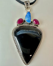 Load image into Gallery viewer, Sterling Black Druzy Agate Natural Ruby Sodalite 3" Statement Pendant on 22" Black Suede Cord Necklace
