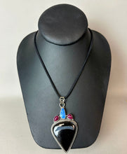 Load image into Gallery viewer, Sterling Black Druzy Agate Natural Ruby Sodalite 3" Statement Pendant on 22" Black Suede Cord Necklace

