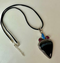 Load image into Gallery viewer, Sterling Black Druzy Agate Natural Ruby Sodalite 3" Statement Pendant on 22" Black Suede Cord Necklace
