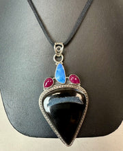 Load image into Gallery viewer, Sterling Black Druzy Agate Natural Ruby Sodalite 3" Statement Pendant on 22" Black Suede Cord Necklace
