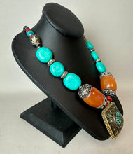 Load image into Gallery viewer, Tibetan Silver Brass Turquoise Chip Pendant on Dyed Stone &amp; Wood Bead 21" Necklace (As-Is)
